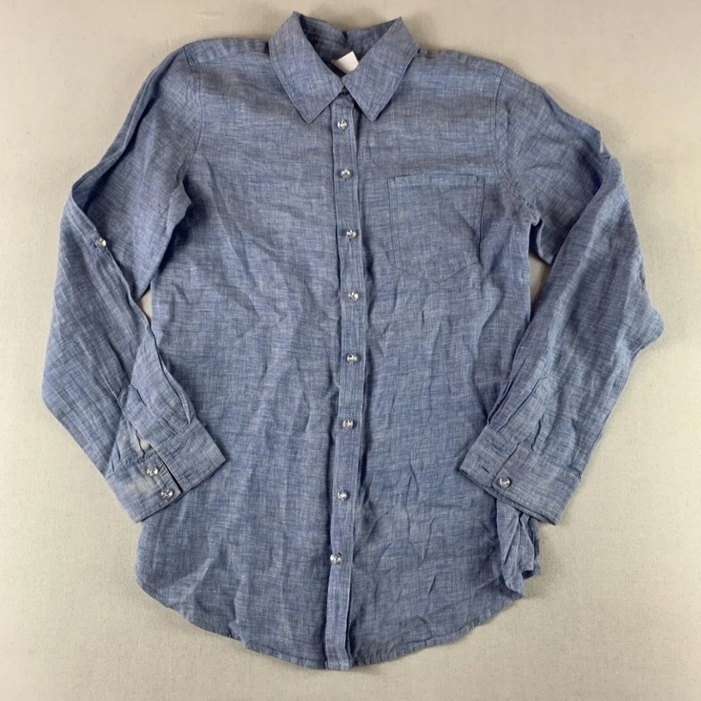 Light blue 100% Linen Button Up Blouse w/ Crystal buttons sz 16